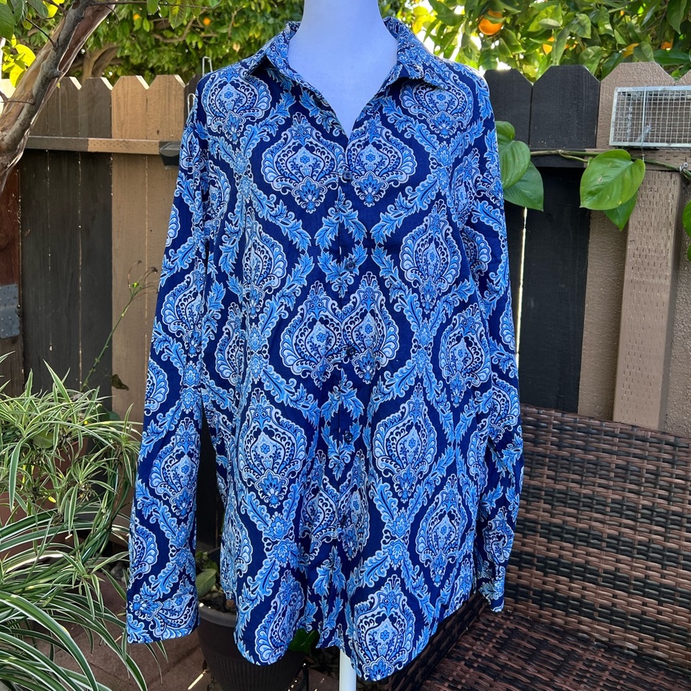 Blue paisley button-up shirt